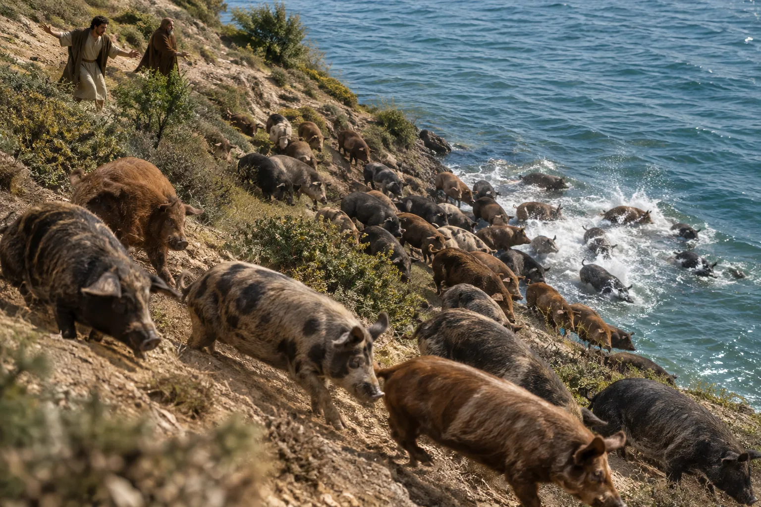 The herd plunges into the sea (Matthew 8:30–32)
