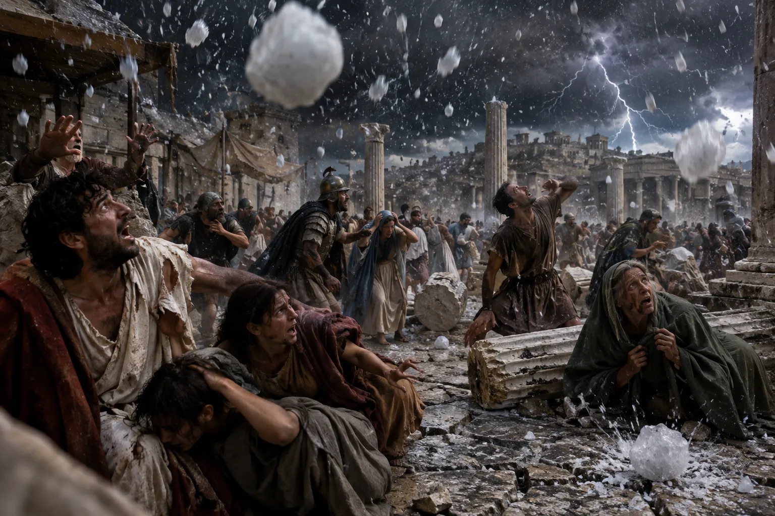 The great hail falls (Revelation 16:18–21)