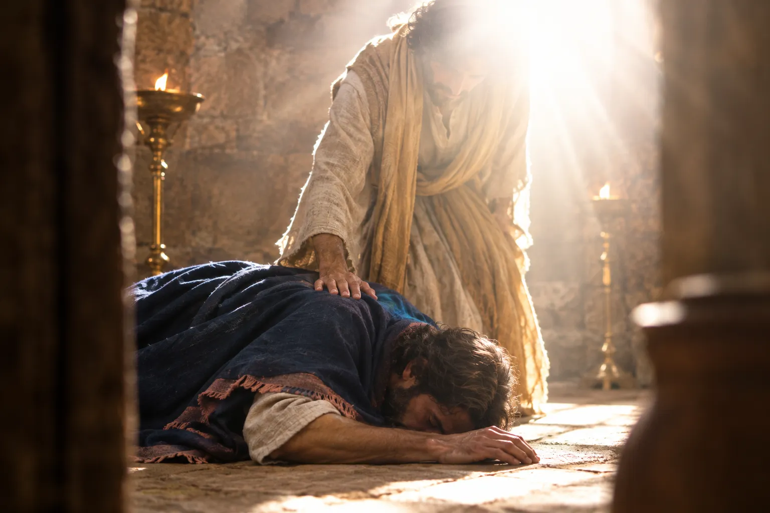 Jesus Lays His Right Hand on John (Revelation 1:17–18)