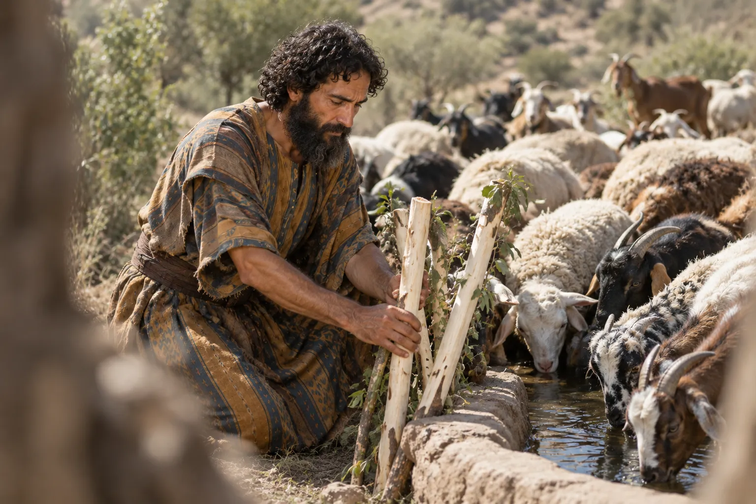 Jacob Sets the Peeled Branches (Genesis 30:37–38)