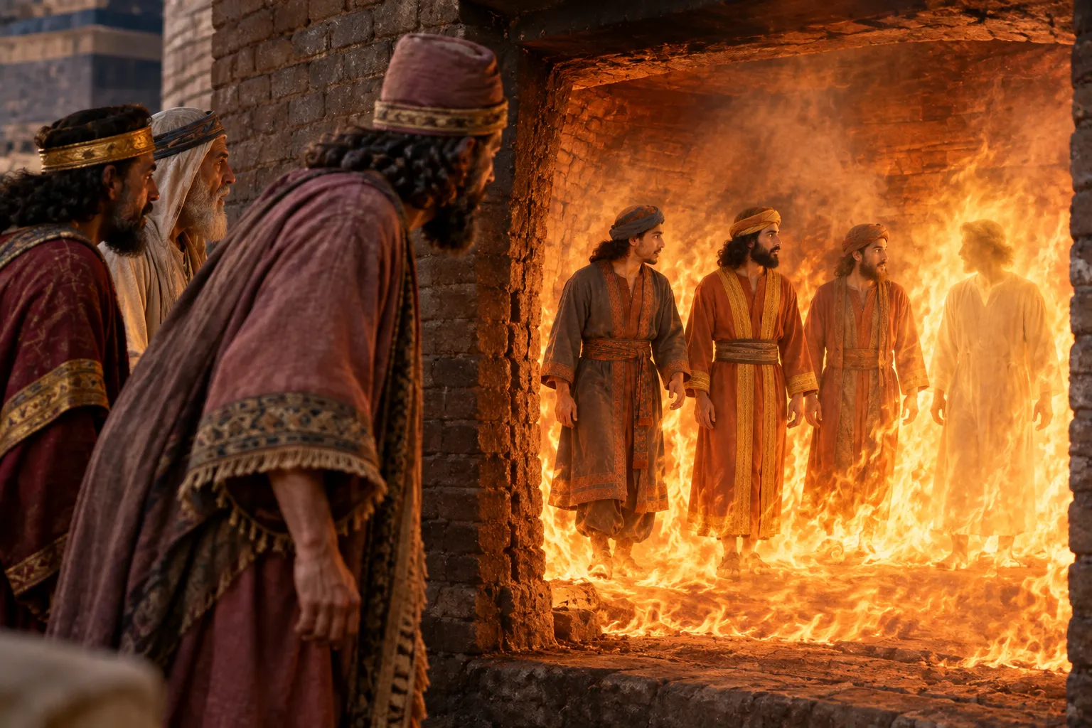 Four figures walk in the fire (Daniel 3:24–25)