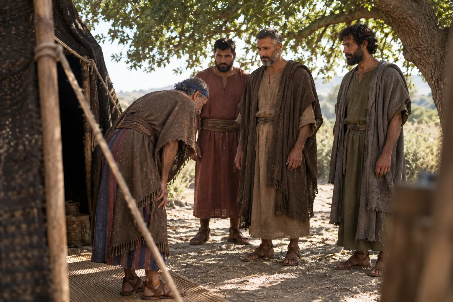 Abraham bows before the three men (Genesis 18:1–5)
