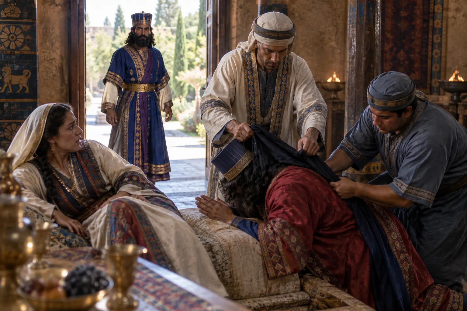 The king returns as Haman falls (Esther 7:7–8)