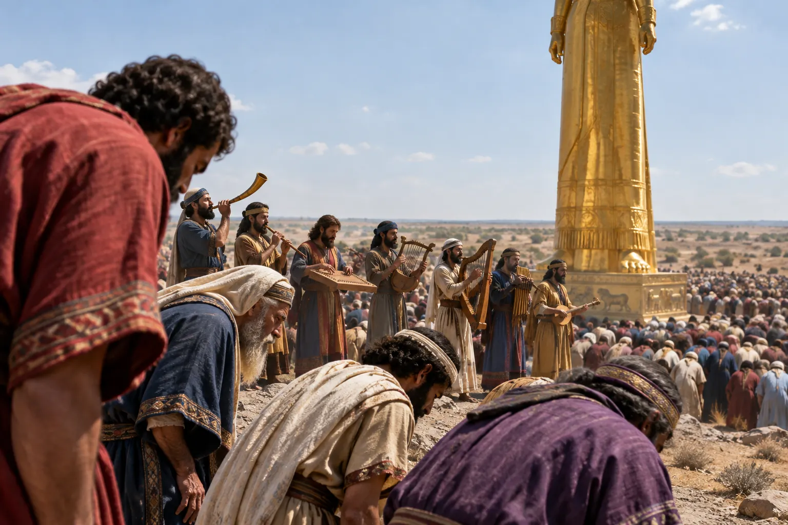 The peoples bow before the golden statue (Daniel 3:1–7)