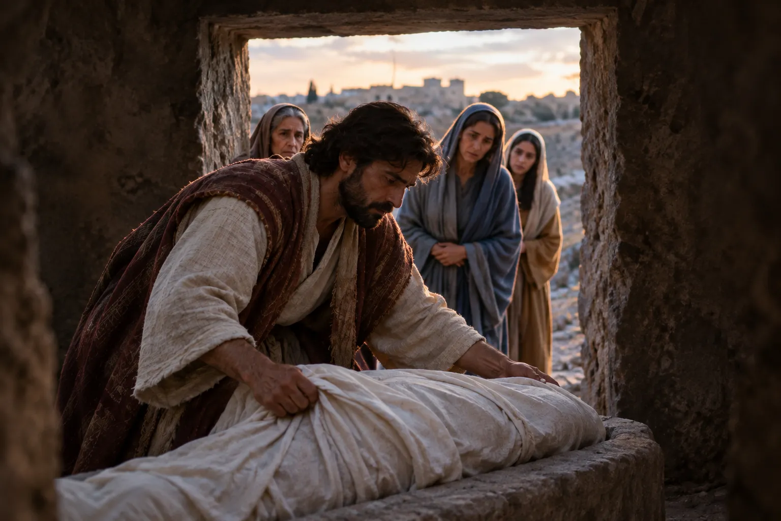 Jesus is laid in the tomb (Luke 23:50–55)