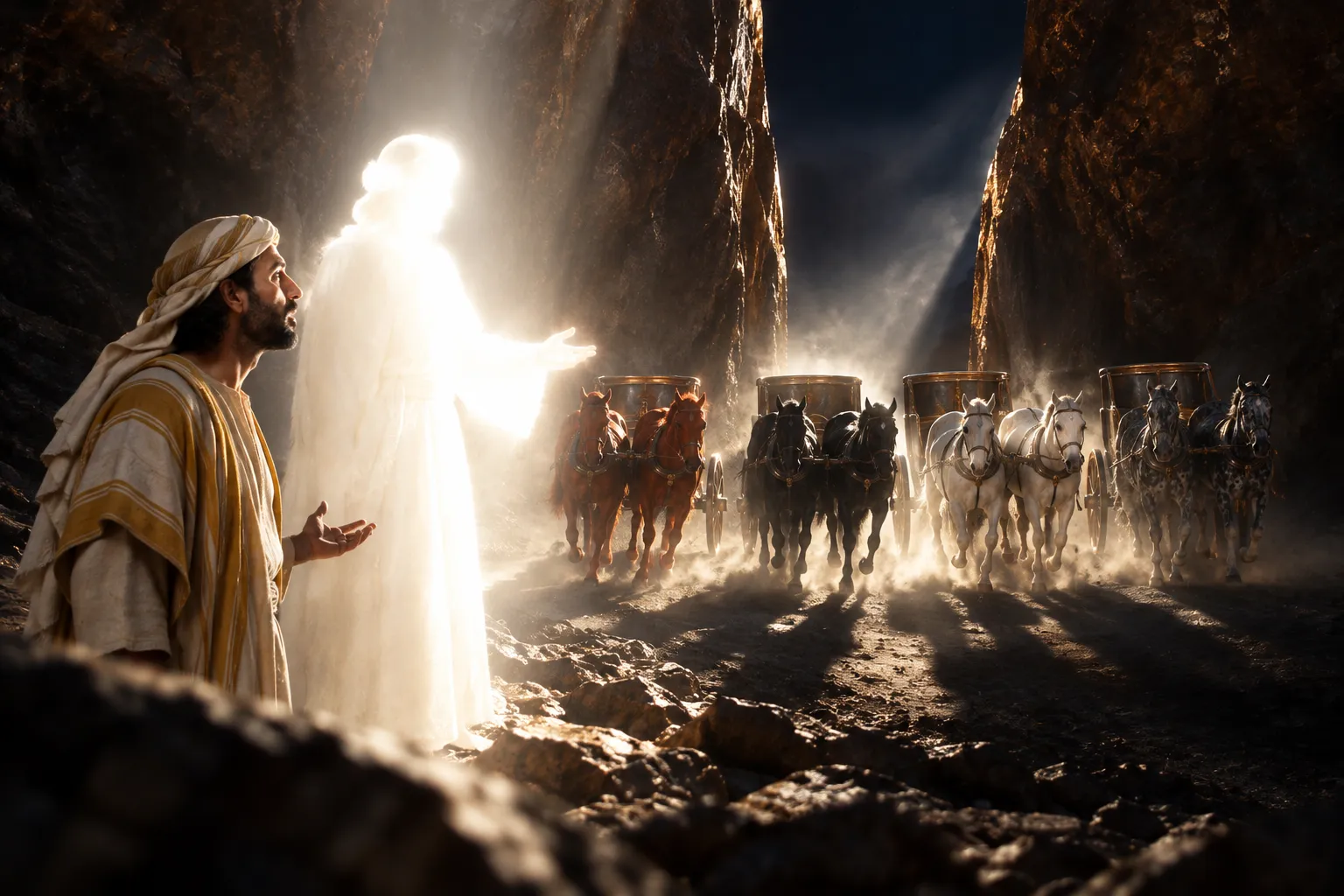 Zechariah questions the angel about the four chariots (Zechariah 6:1–5)