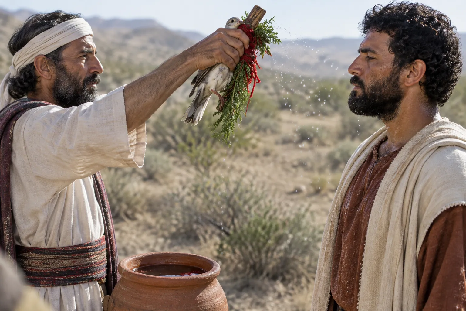The priest sprinkles the man (Leviticus 14:4–7)