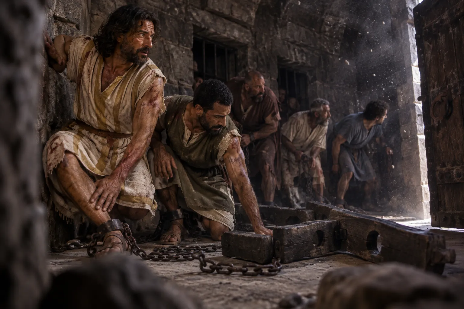 The prison doors open in the earthquake (Acts 16:24–26)