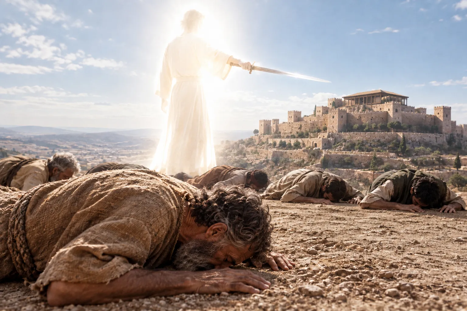 The angel stands over Jerusalem (1 Chronicles 21:14–17)
