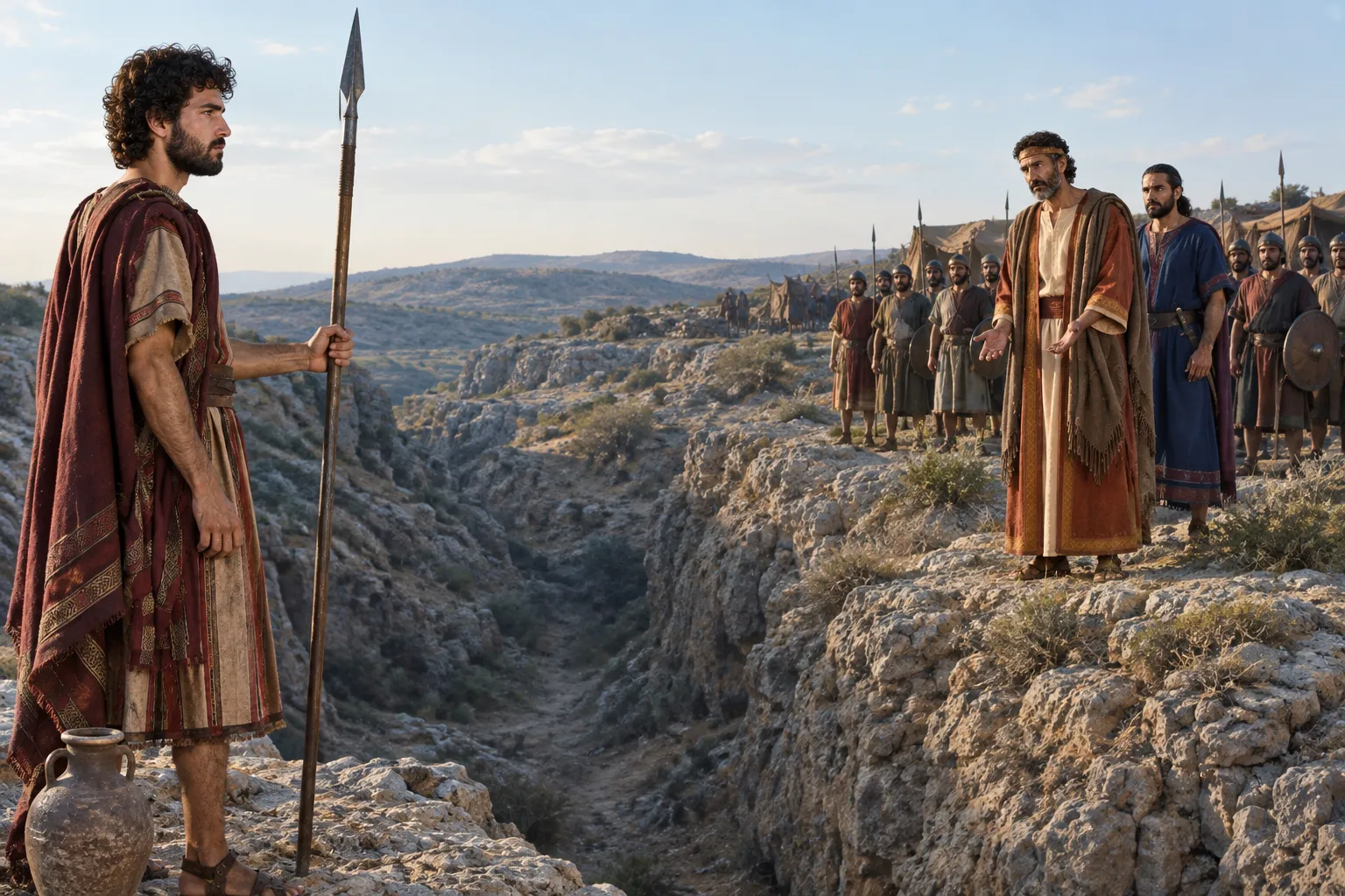 Saul admits his wrong across the gulf (1 Samuel 26:13–25)