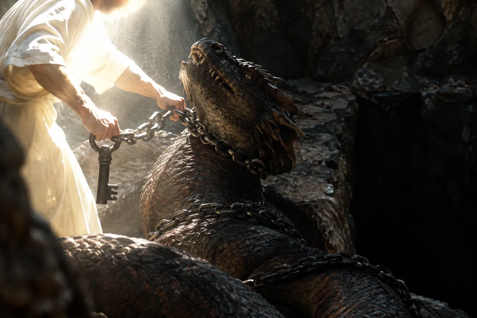 The angel binds the dragon (Revelation 20:1–3)