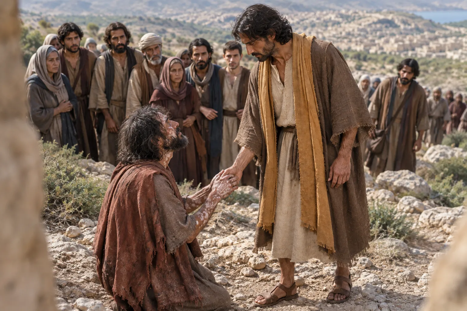 Jesus touches the kneeling man (Matthew 8:1–3)