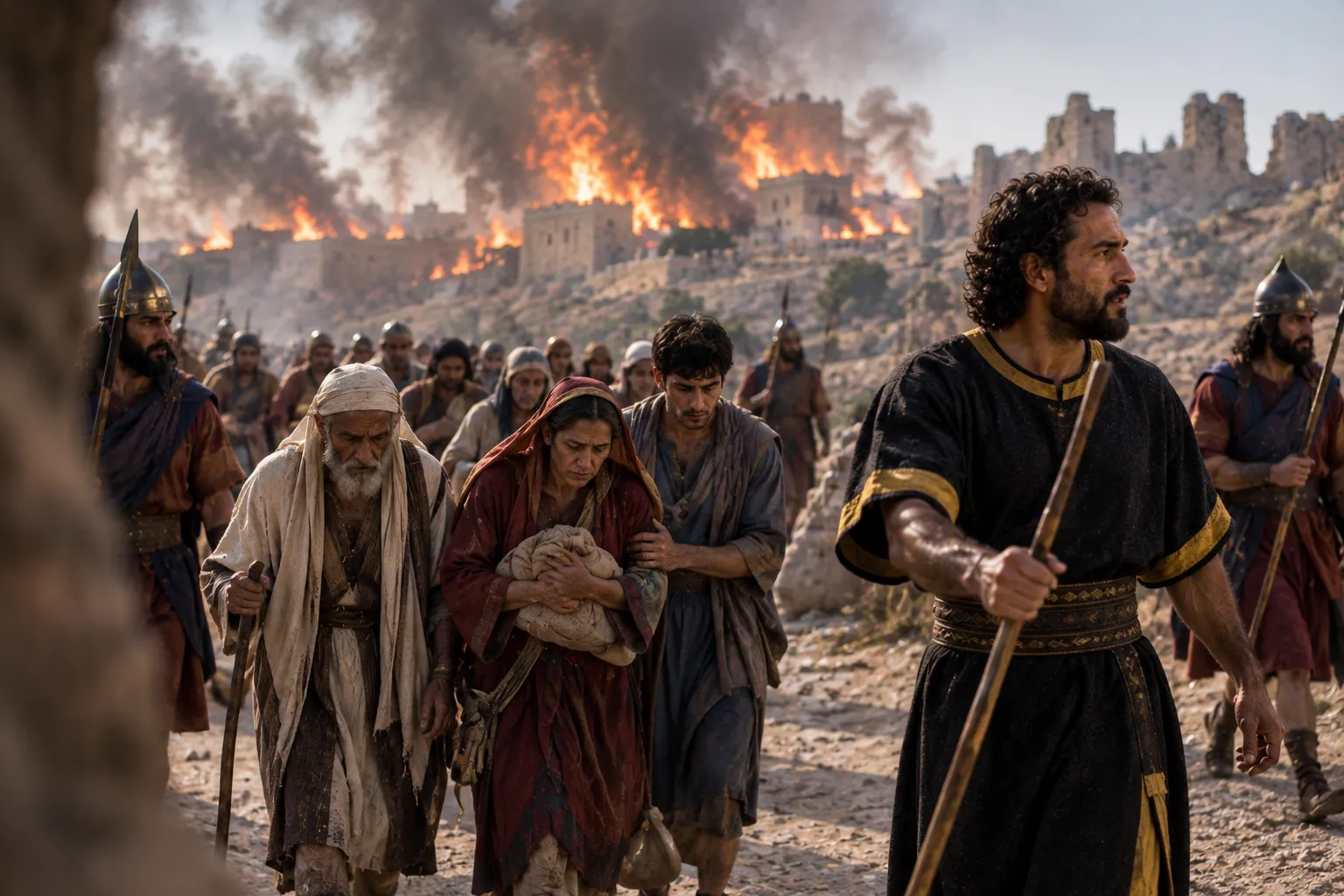 The remnant is carried from burning Jerusalem (Jeremiah 39:8–10)