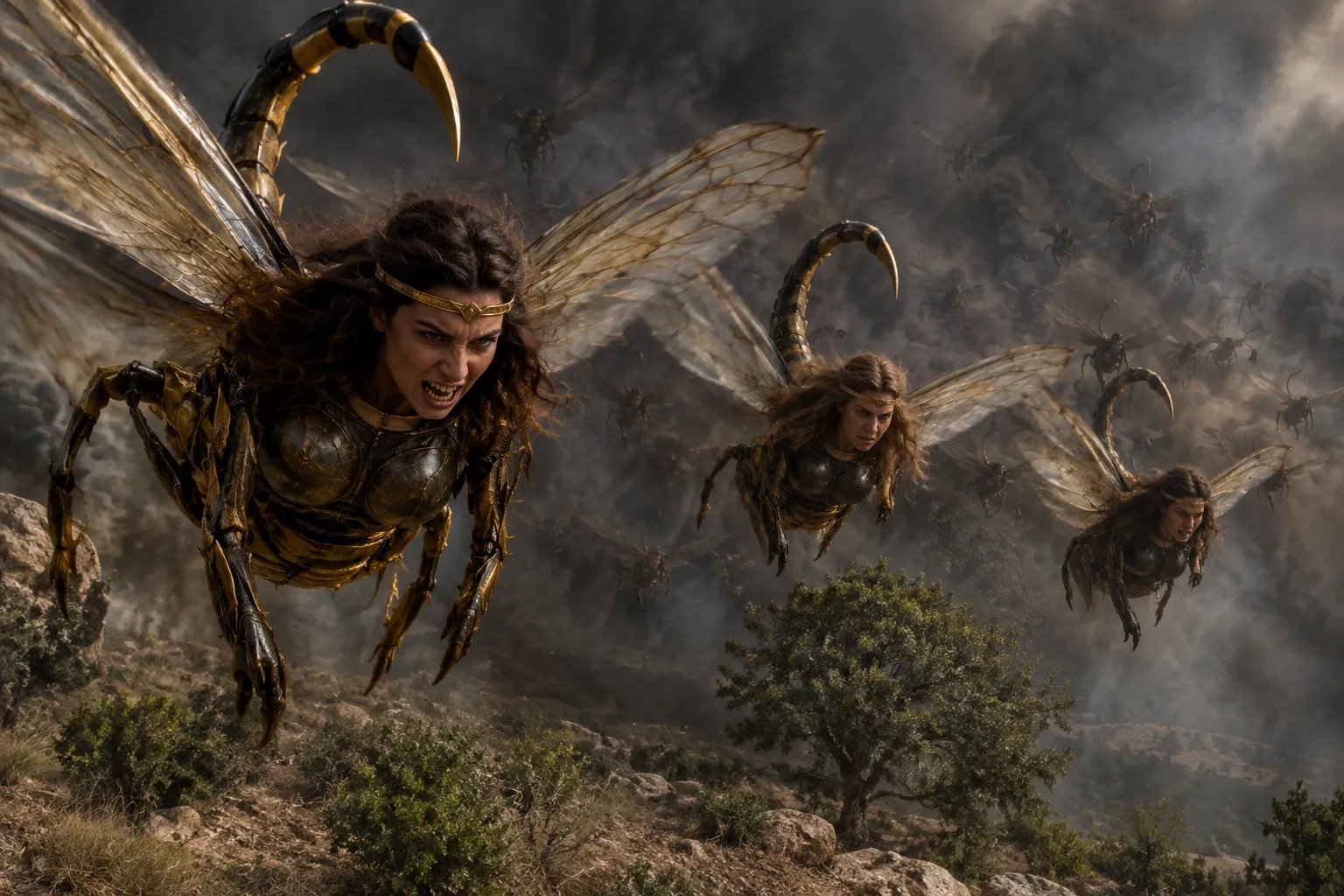 Locusts from the smoke (Revelation 9:3–11)