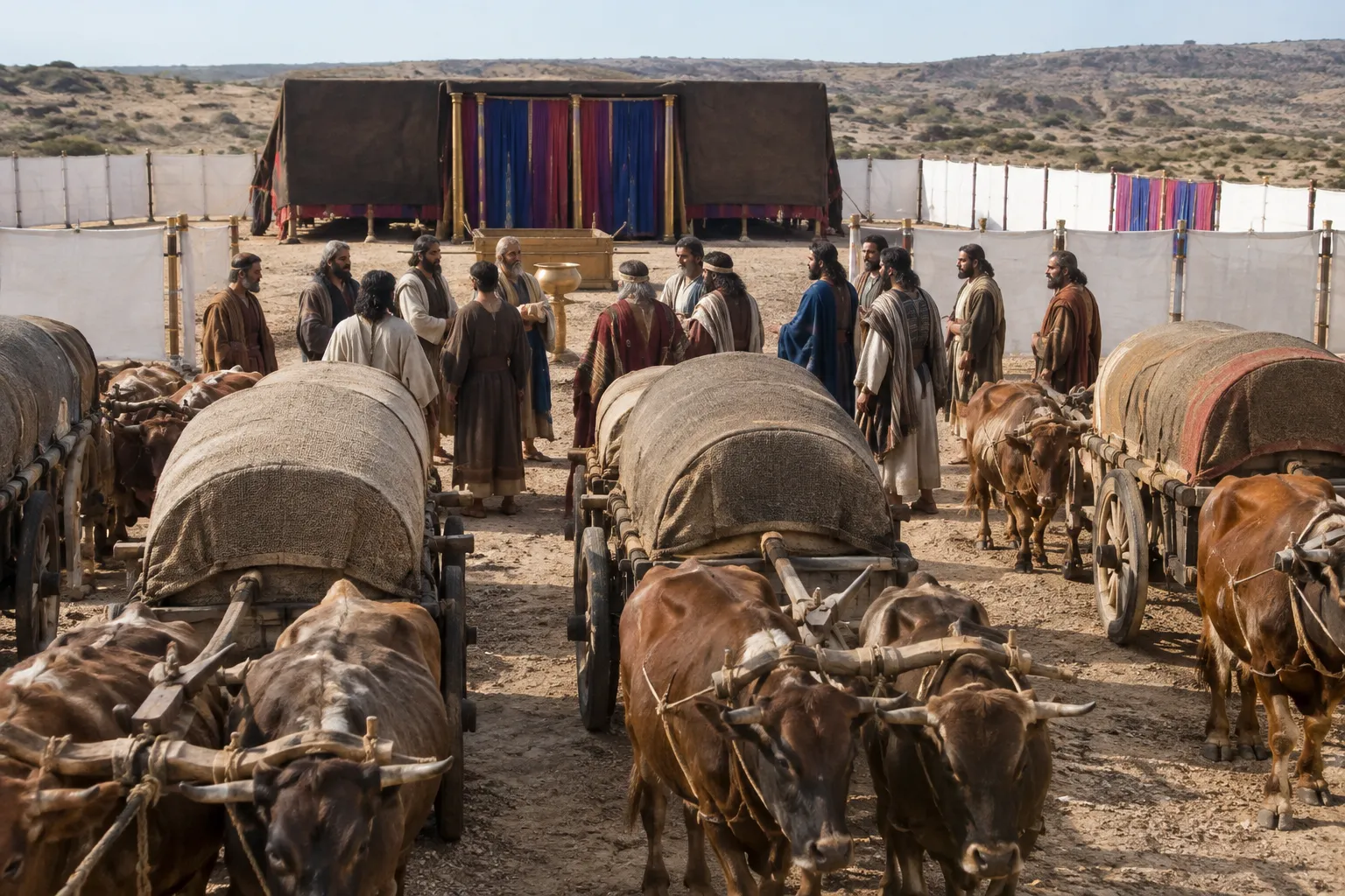Six carts and twelve oxen before the Tent (Numbers 7:2–3)