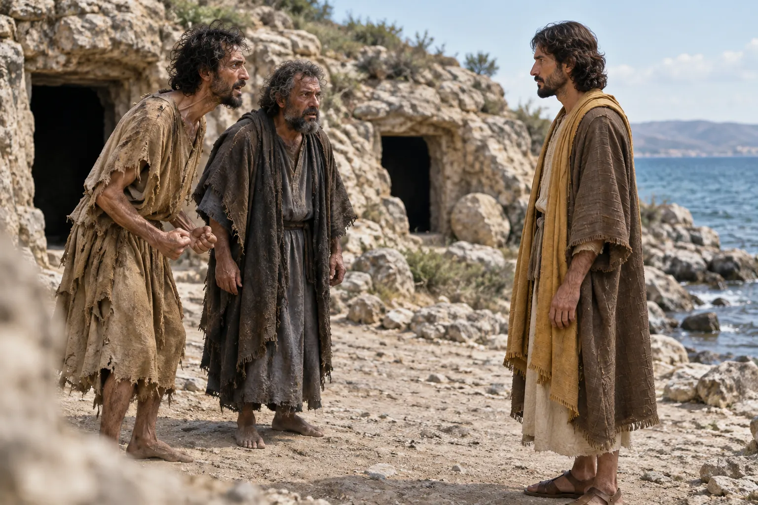 Jesus confronts the two men from the tombs (Matthew 8:28–29)