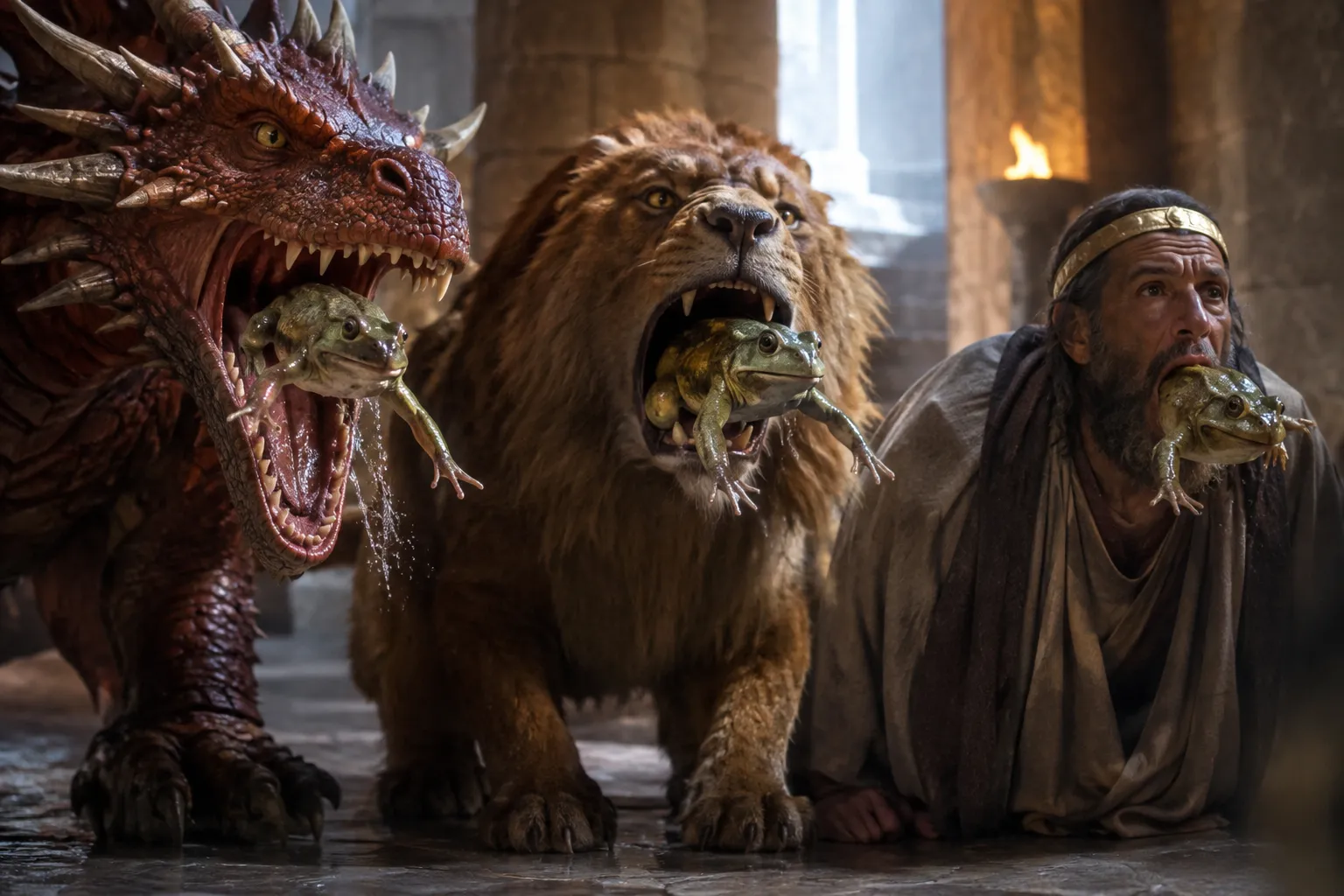 Three unclean spirits emerge (Revelation 16:13–14)