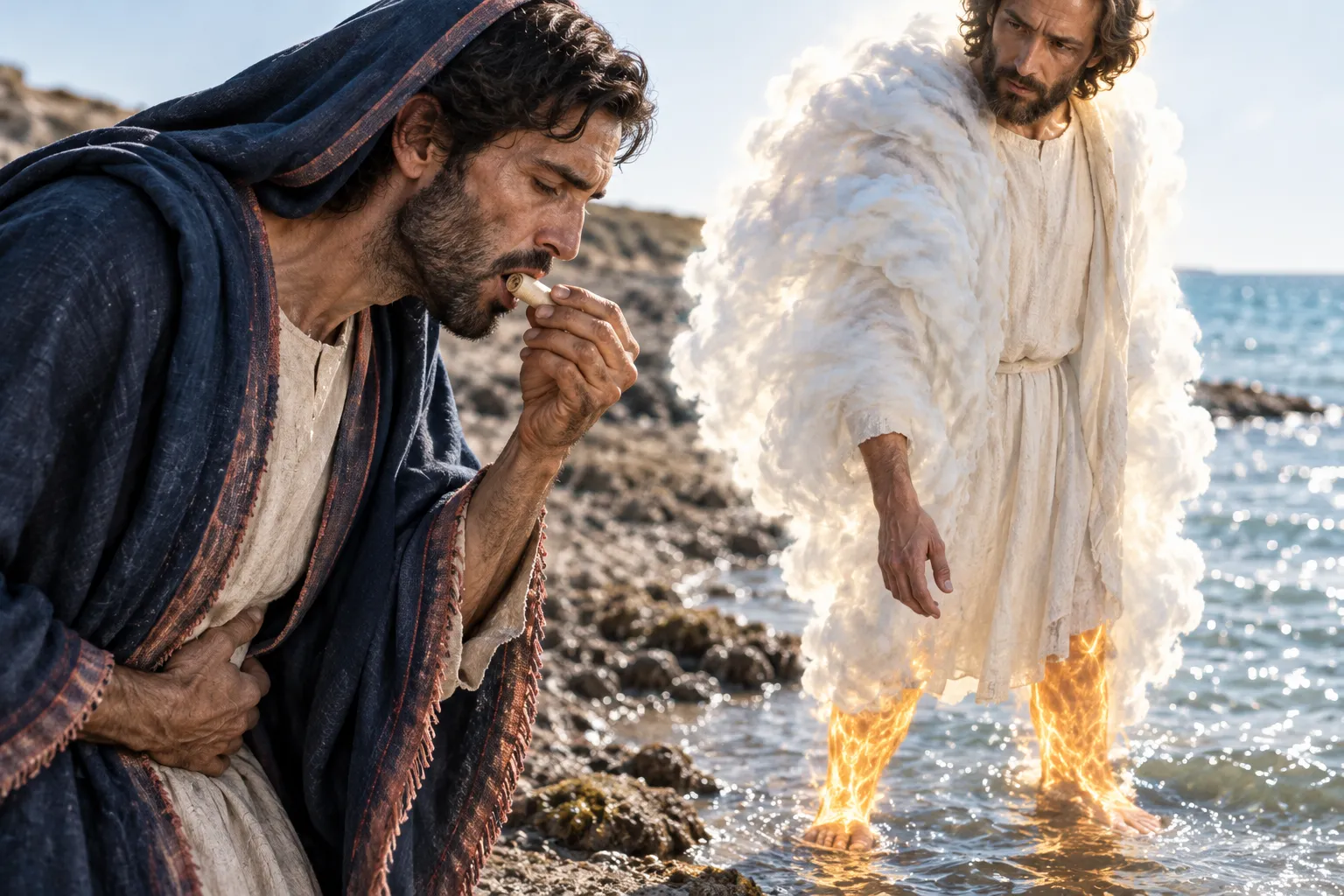 John eats the small scroll (Revelation 10:8–11)