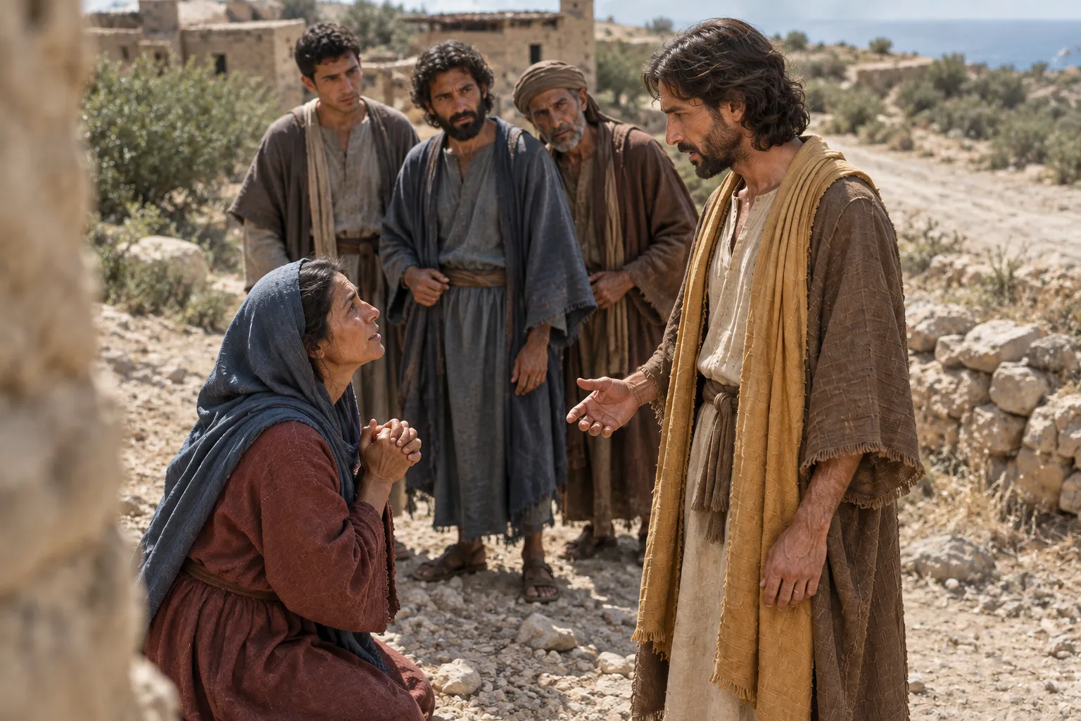The Canaanite woman kneels before Jesus (Matthew 15:21–28)