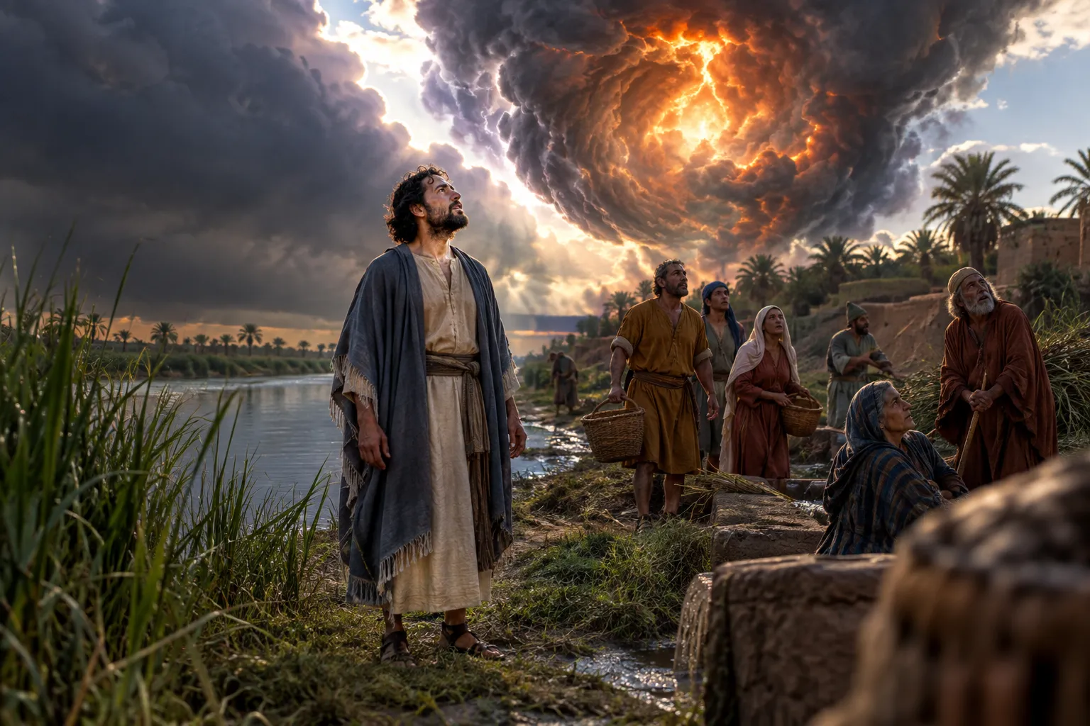 The heavens open over the Kebar (Ezekiel 1:1–4)