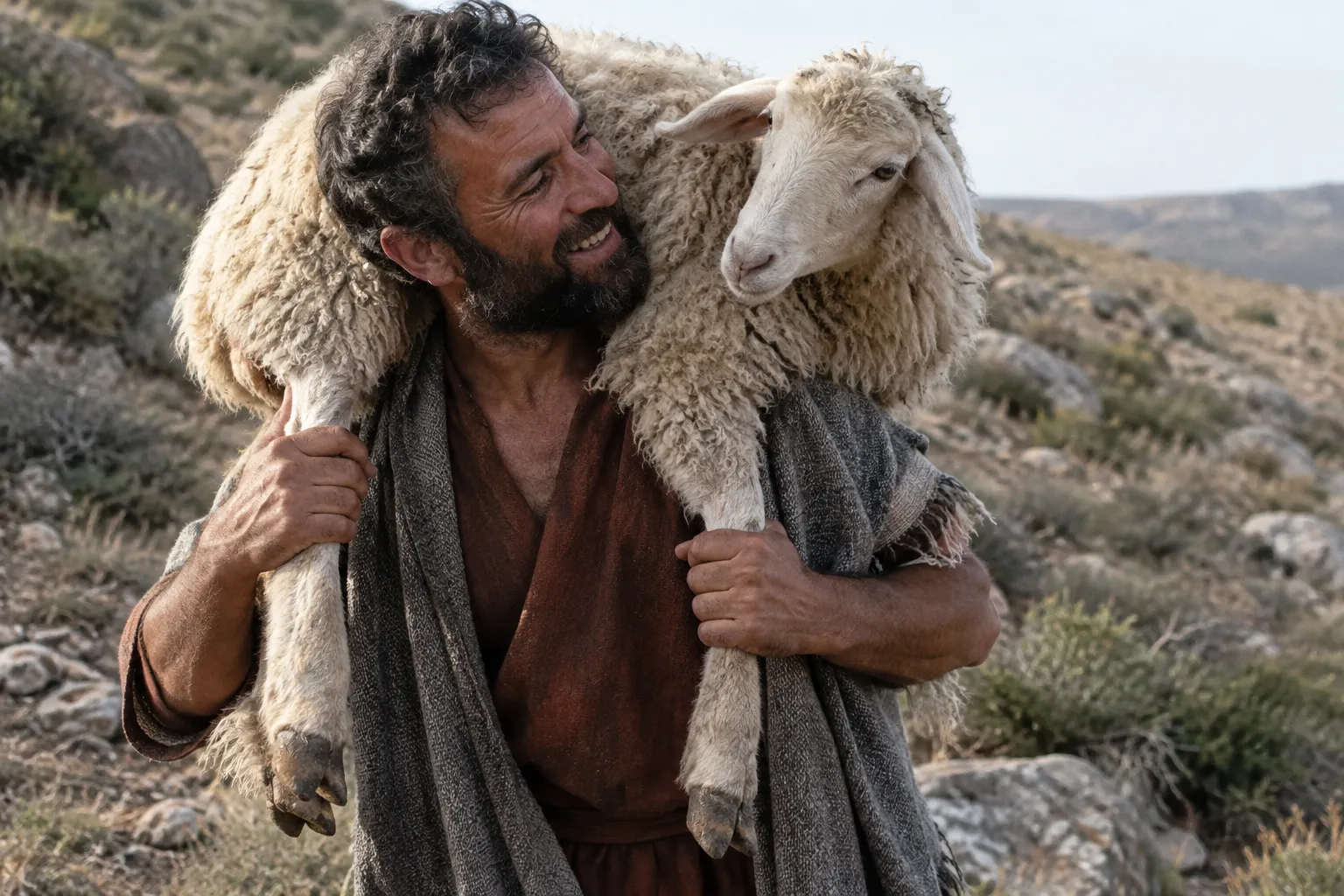 The shepherd carries the recovered sheep (Luke 15:4–5)