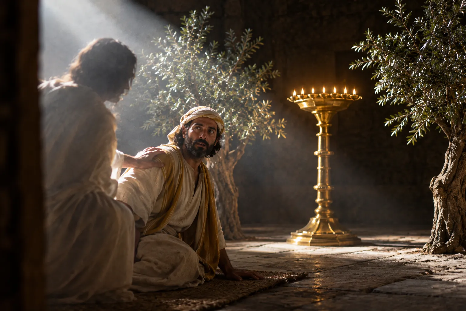 Zechariah roused before the lampstand (Zechariah 4:1–3)