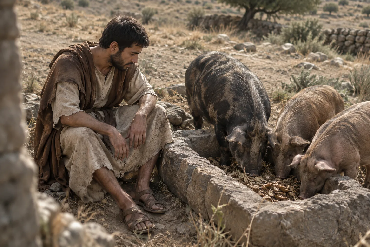 The starving younger son watches the pigs eat (Luke 15:14–16)