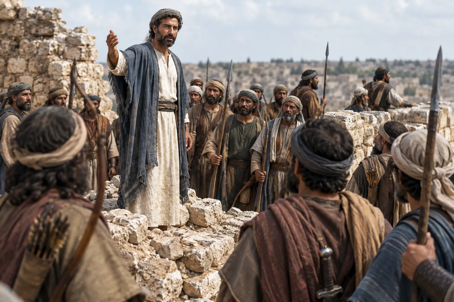 Nehemiah rallies the armed families (Nehemiah 4:13–14)