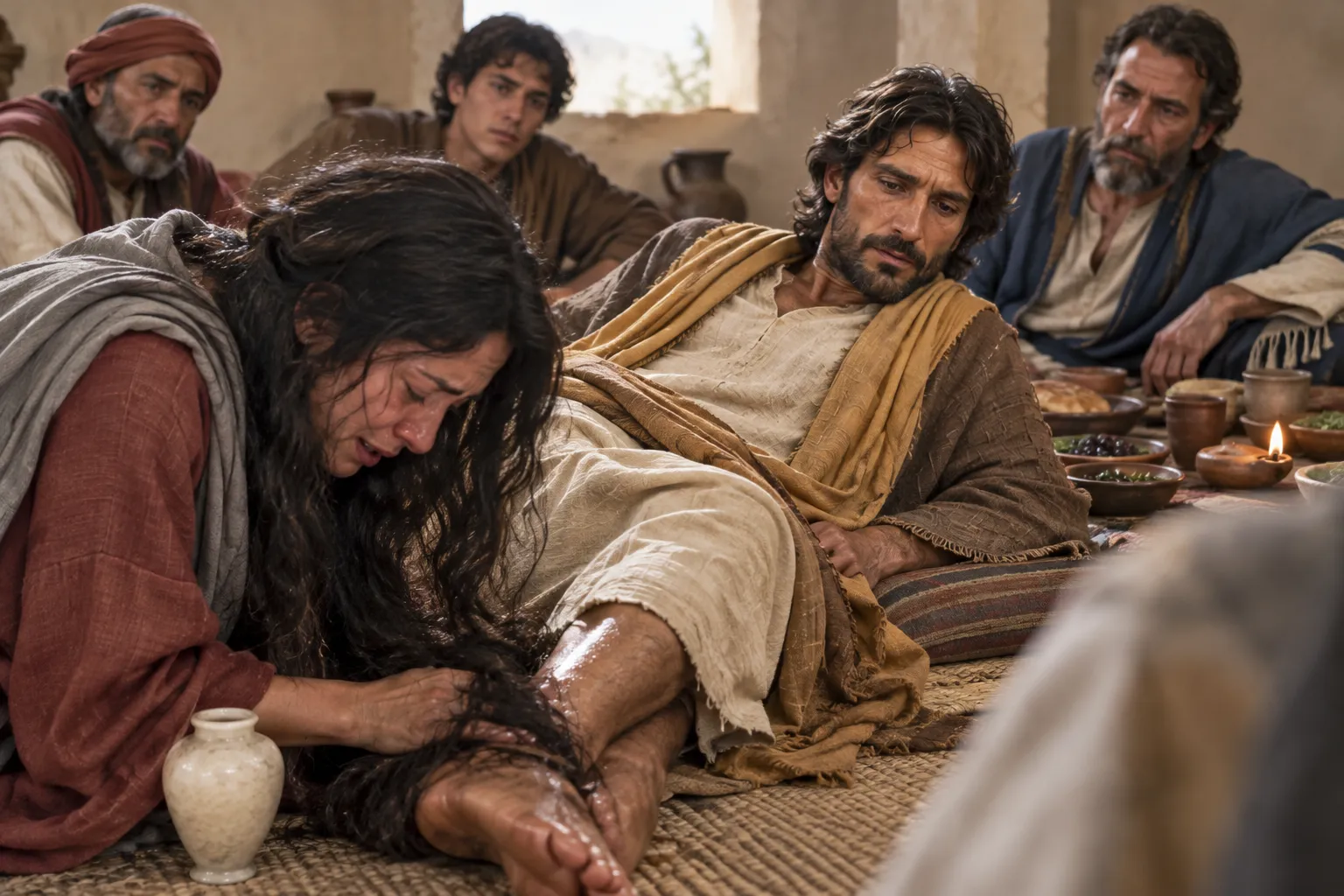 The woman wipes Jesus’s feet (Luke 7:36–39)