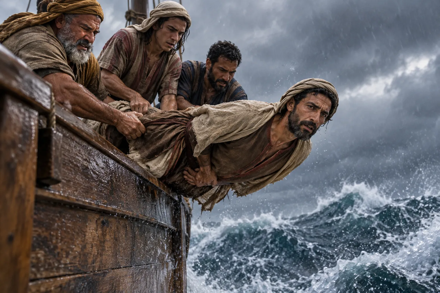 Jonah lifted over the rail (Jonah 1:15)