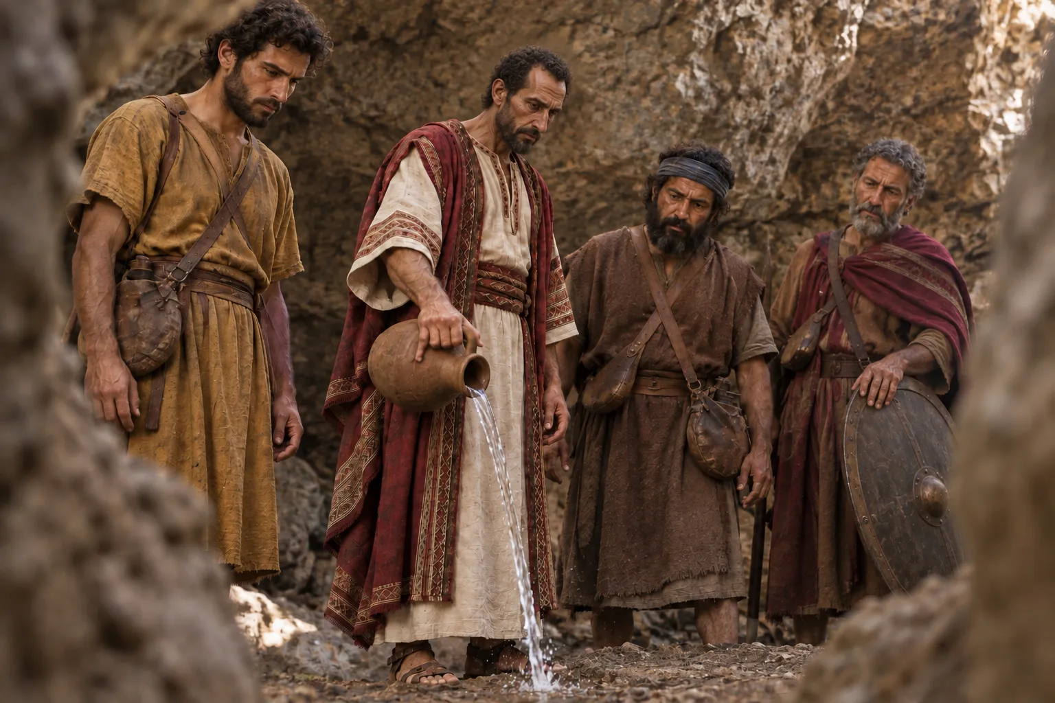 David pours out the water brought by the Three (1 Chronicles 11:18–19)