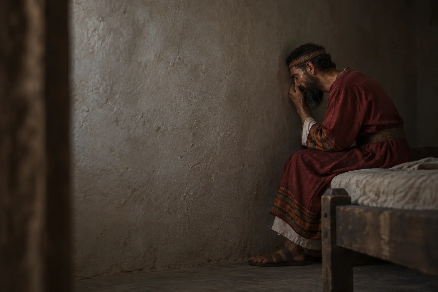 Hezekiah weeps and prays toward the wall (Isaiah 38:2–3)