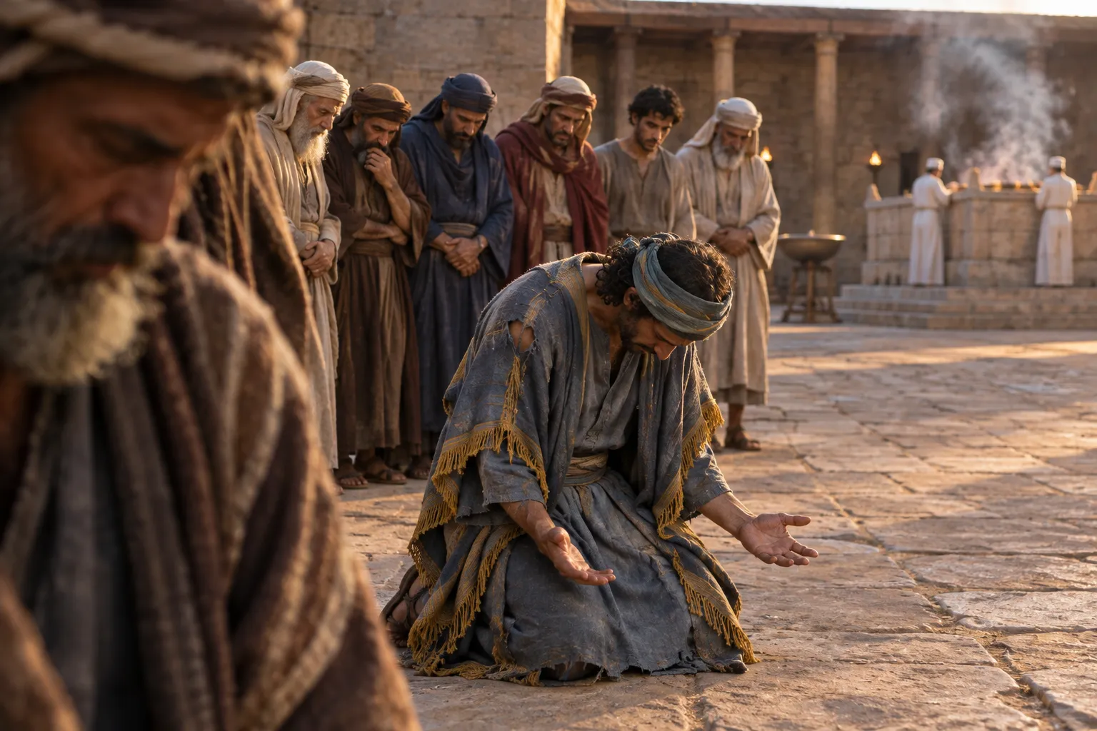 Ezra kneels in confession (Ezra 9:5–15)