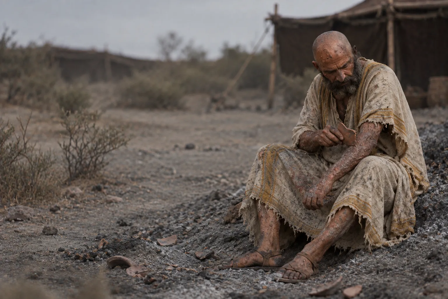 Job scrapes himself among the ashes (Job 2:7–8)