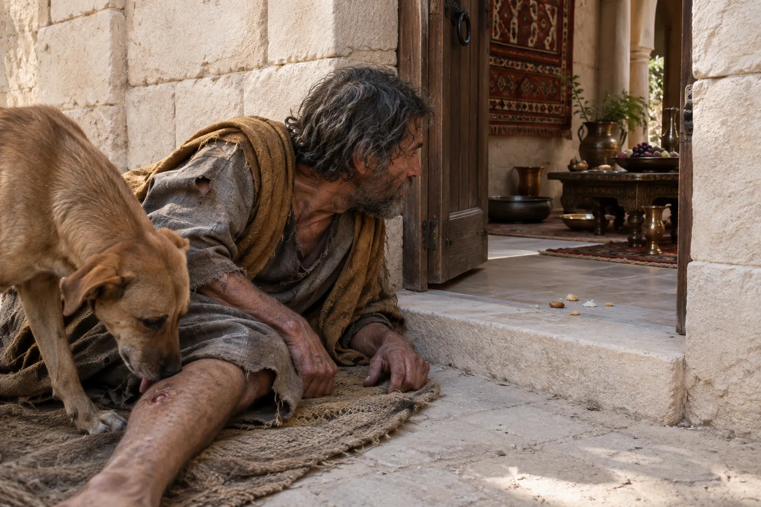Lazarus at the rich man’s gate (Luke 16:19–21)
