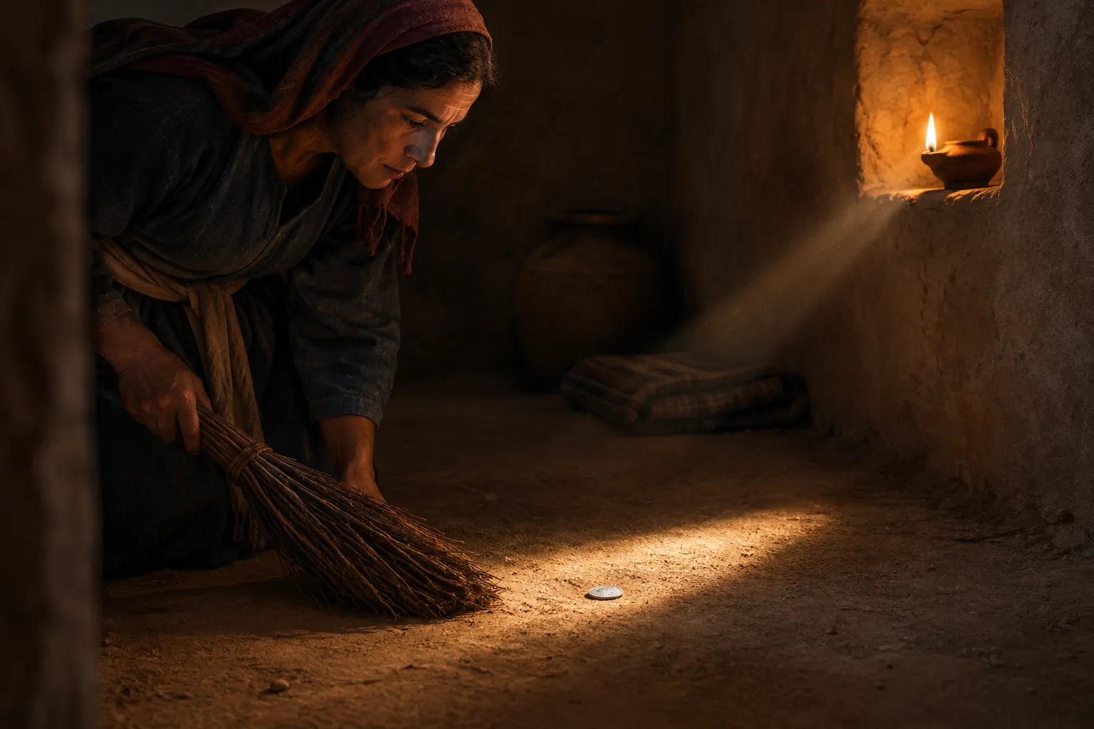 The lost coin appears in the lamplight (Luke 15:8–9)