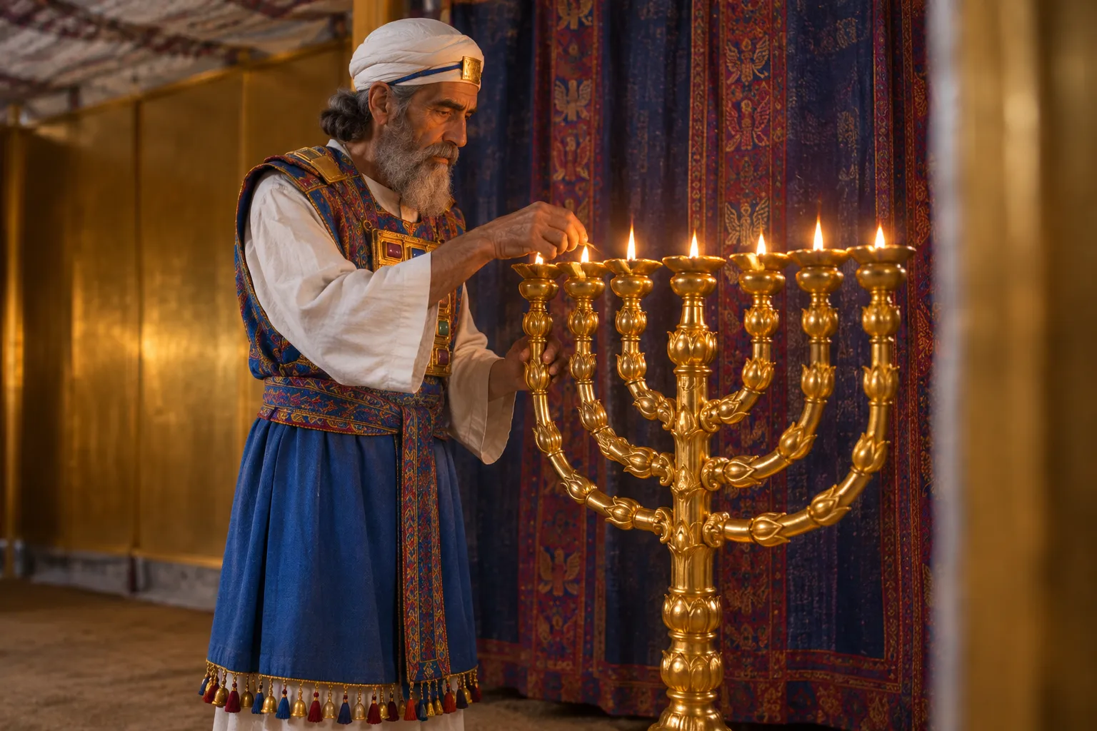 Aaron tends the lamps (Leviticus 24:3–4)