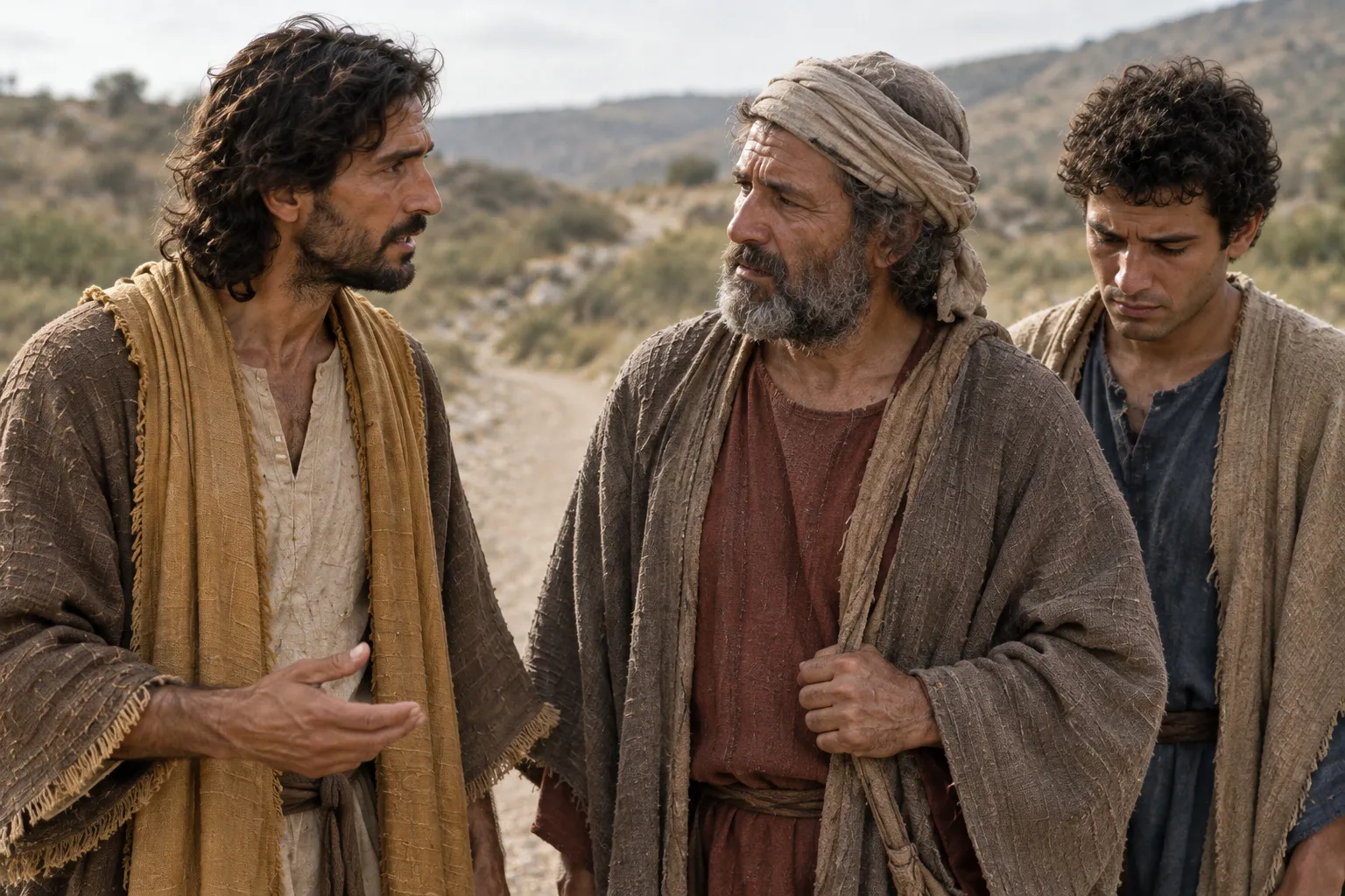The travelers stop on the Emmaus road (Luke 24:13–27)