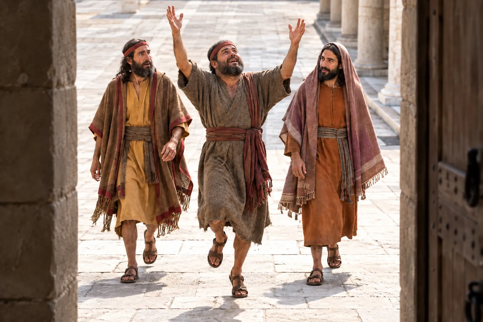 The healed man leaps into the court (Acts 3:8)