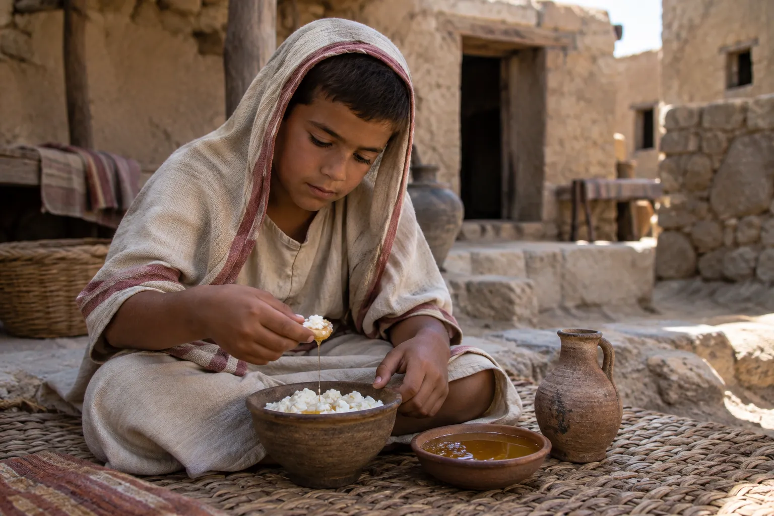 The boy Immanuel eats curds and honey (Isaiah 7:14–16)