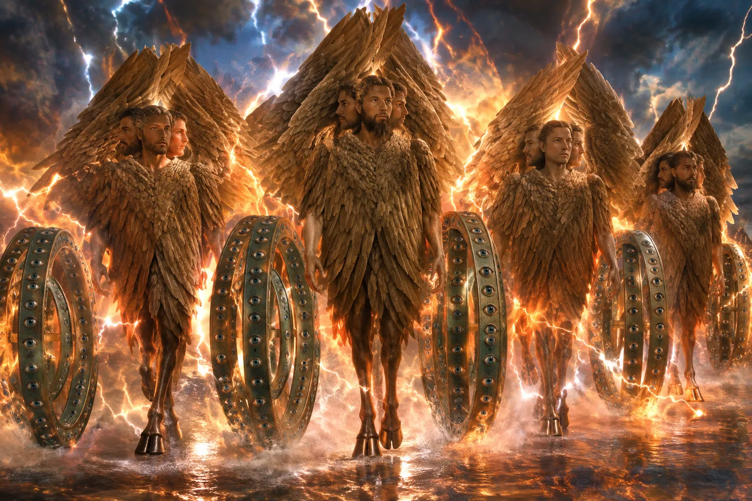The living creatures and their wheels (Ezekiel 1:5–21)