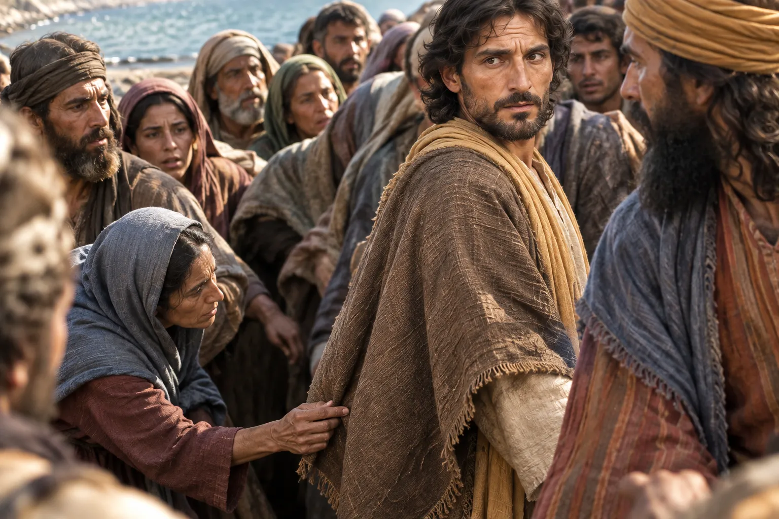 The woman touches Jesus’s mantle (Mark 5:24–32)