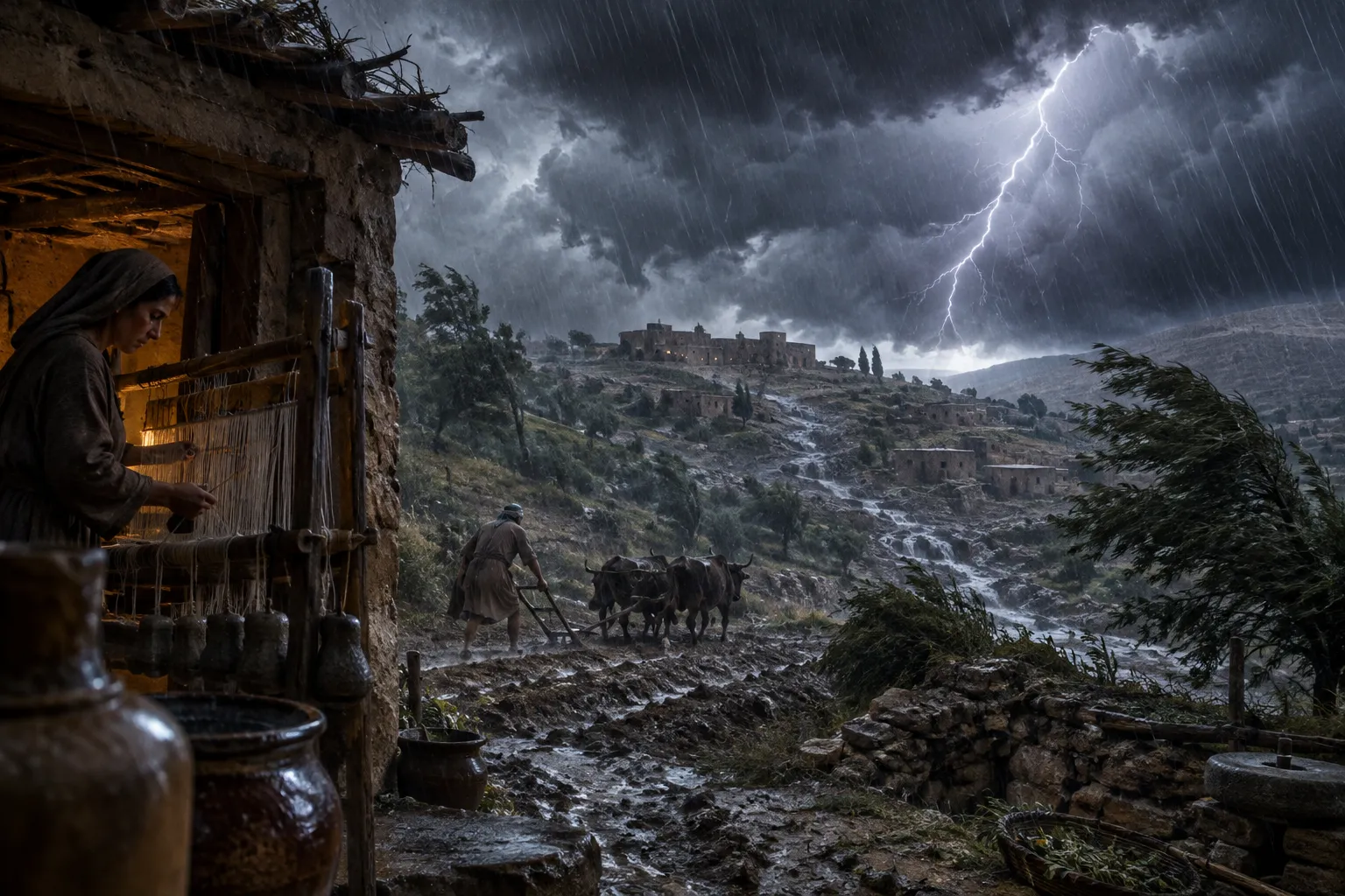 Thunder, rain, lightning, and wind (Jeremiah 10:12–13)