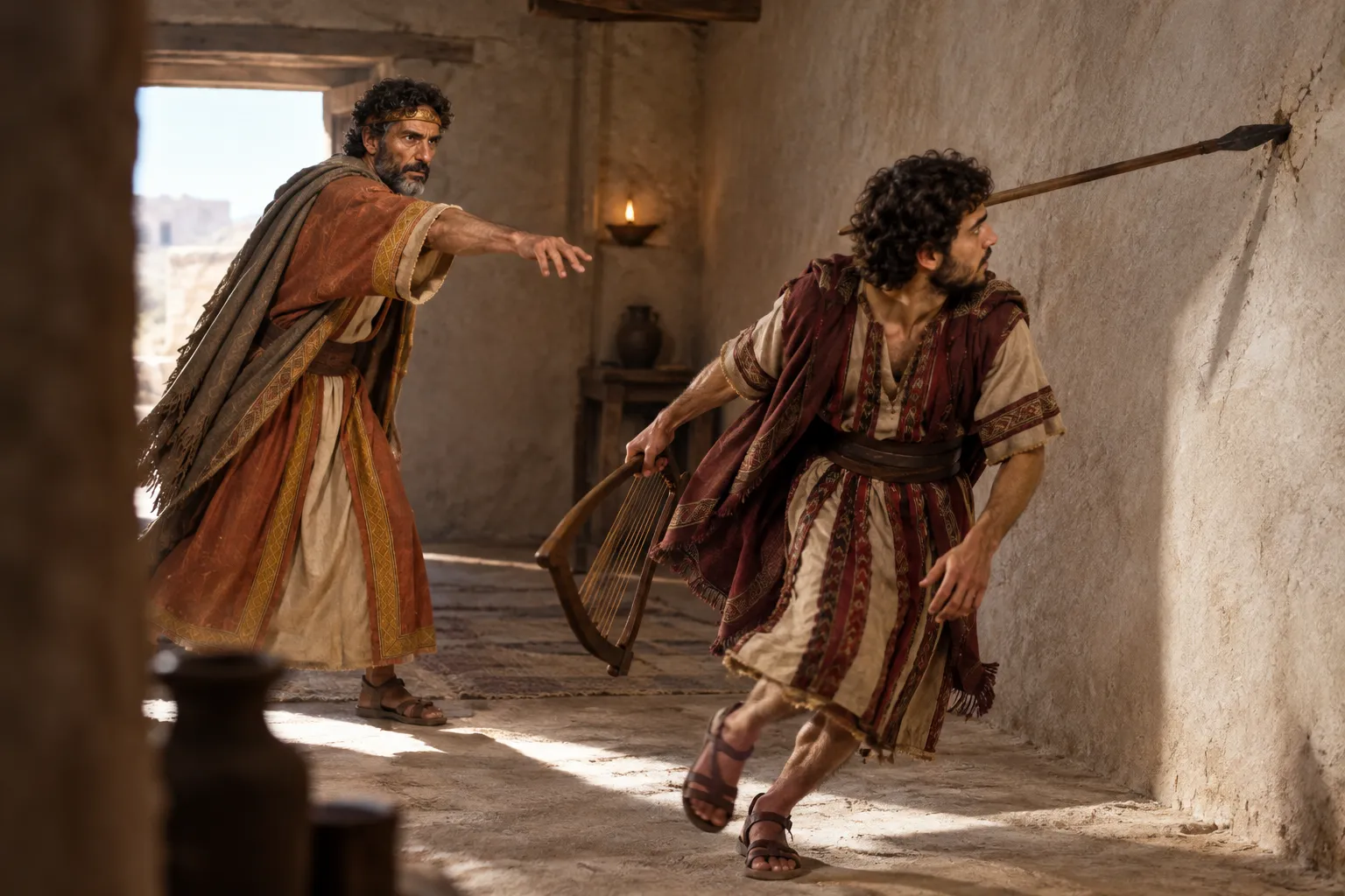 David Eludes Saul's Spear (1 Samuel 18:10–11)