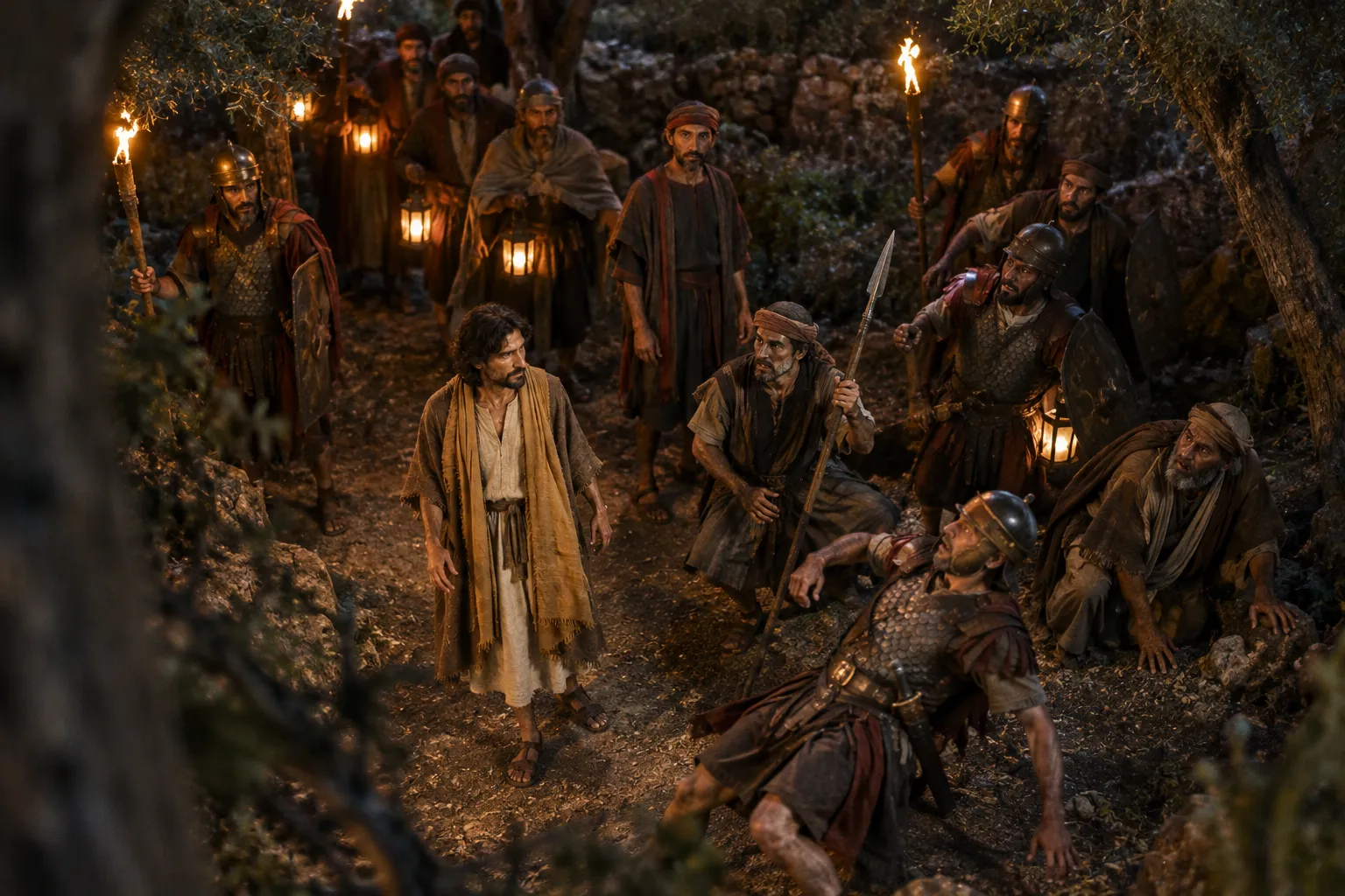 The arresting party falls back (John 18:4–6)