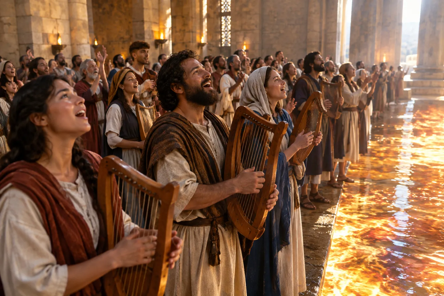 The victors sing beside the fiery glass sea (Revelation 15:2–4)