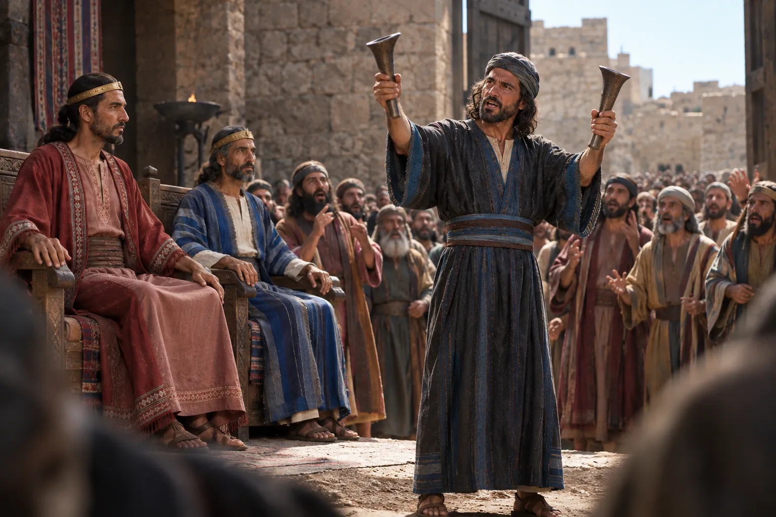 Iron horns before the thrones (2 Chronicles 18:9–11)