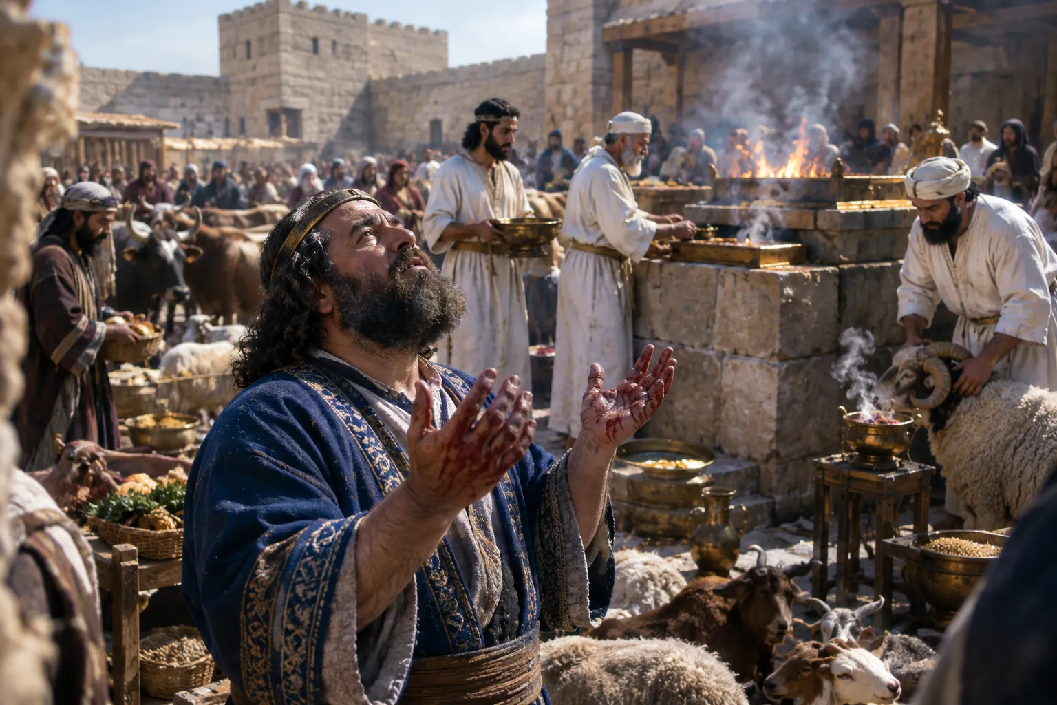 Hands raised in rejected worship (Isaiah 1:11–15)