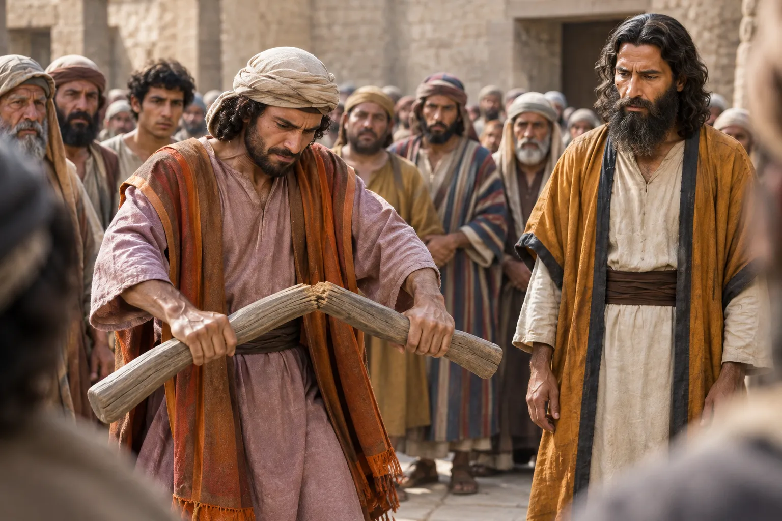 Hananiah breaks Jeremiah’s wooden yoke (Jeremiah 28:10–11)