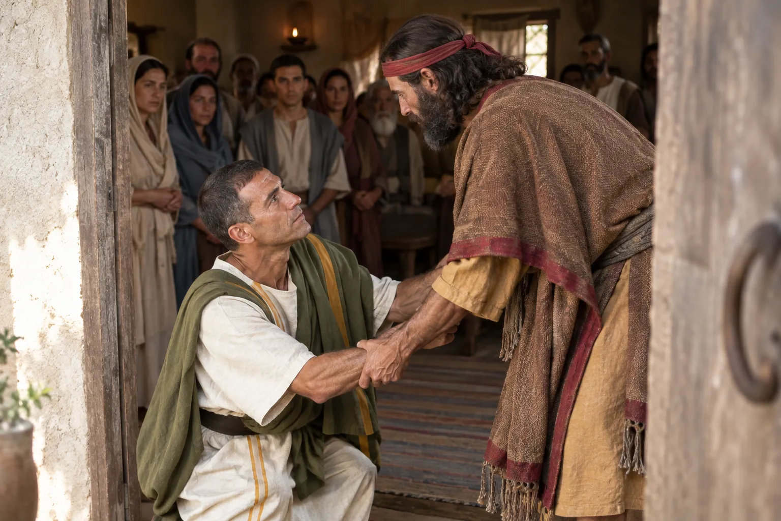 Peter raises Cornelius at the doorway (Acts 10:24–26)